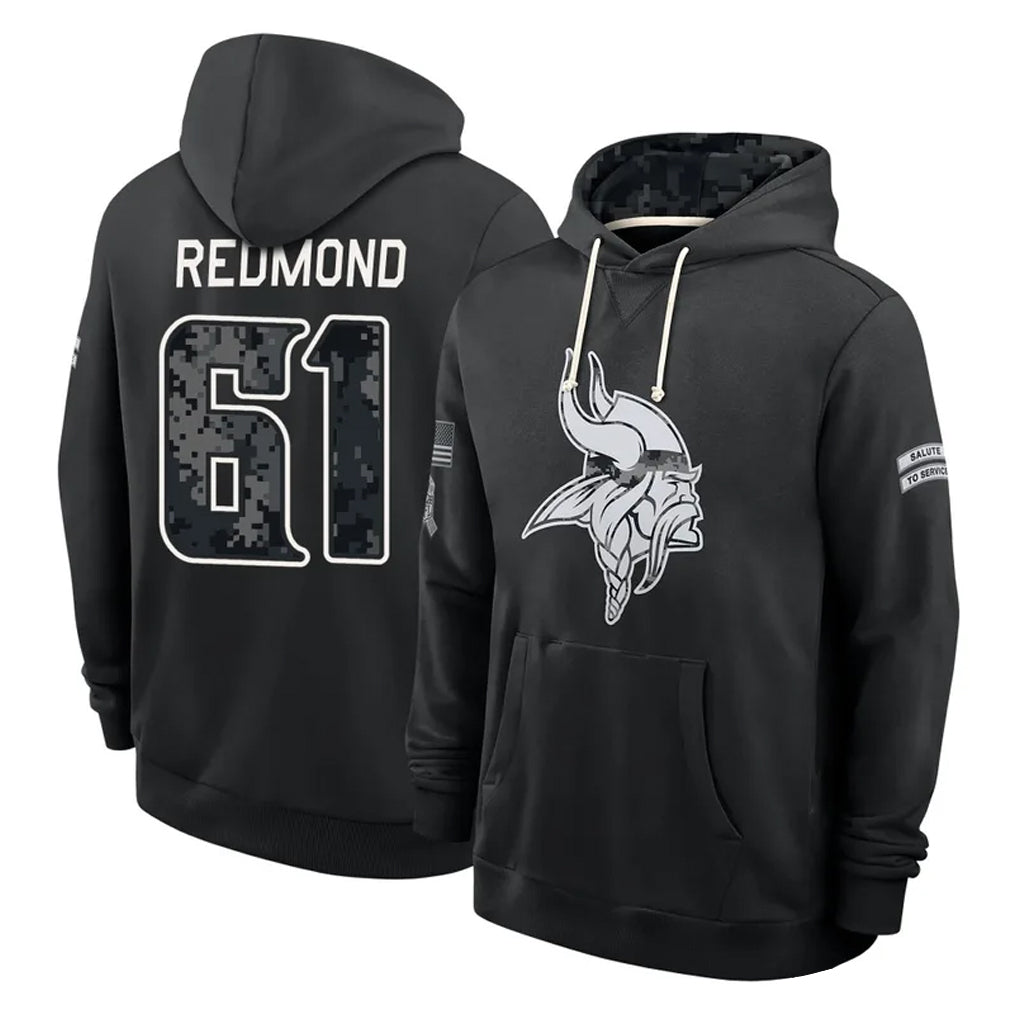 MN.Vikings #61 Jalen Redmond Player 2026 Black Logo Pullover Hoodies Limited Game Gdoa Stitched Jerseys