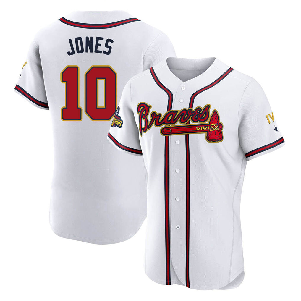 A.Braves #10 Chipper Jones Player White Gold Limited Elite Home Game Gdoa Stitched Jerseys