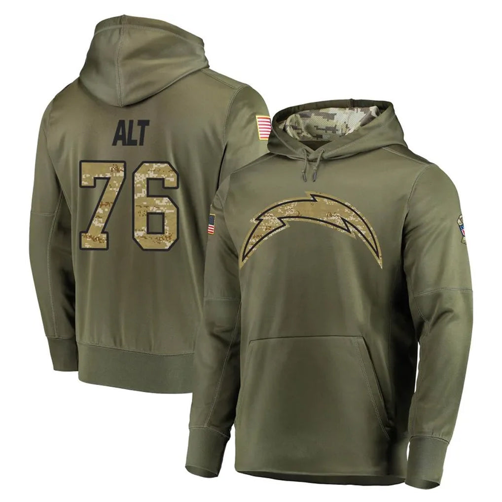 LA.Chargers #76 Joe Alt Player Olive Salute to Service Pullover Hoodies Home Game Gdoa Stitched Jerseys
