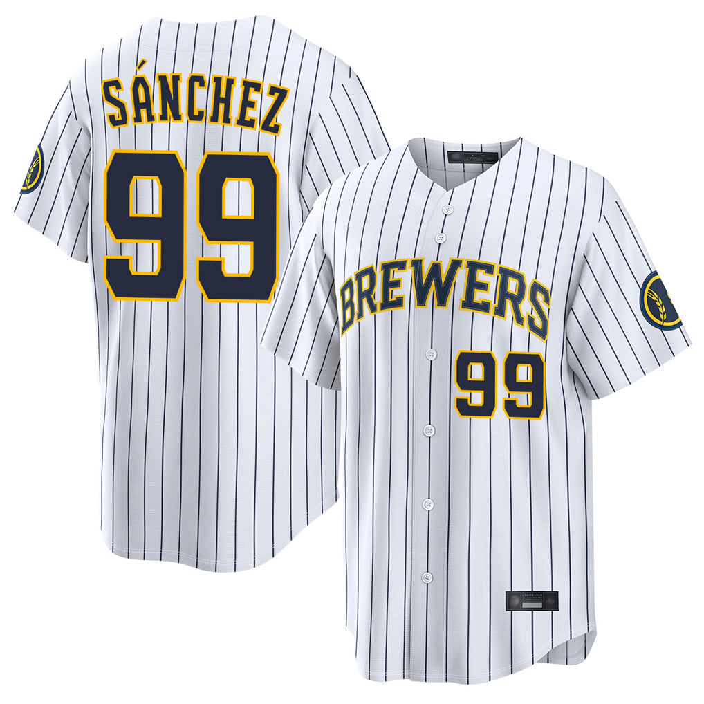 M.Brewers #99 Gary Sanchez Player White Stripes Home Limited Game Fdoa Stitched Jerseys
