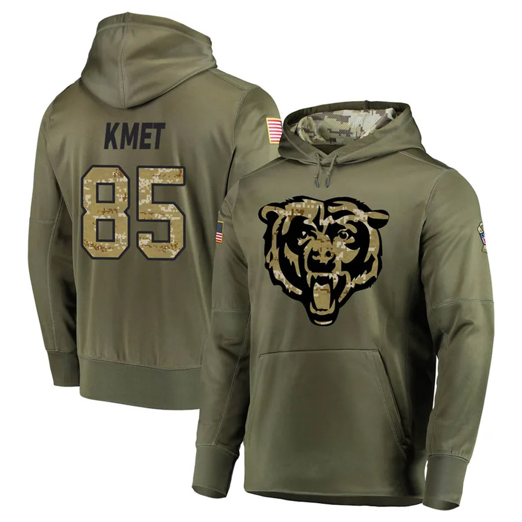 C.Bears #85 Cole Kmet Player Olive Salute to Service Pullover Hoodies Home Game Gdoa Stitched Jerseys