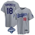 LA.Dodgers #18 Yoshinobu Yamamoto Player Gray World Series Meet Game Home Fdoa Stitched Jerseys