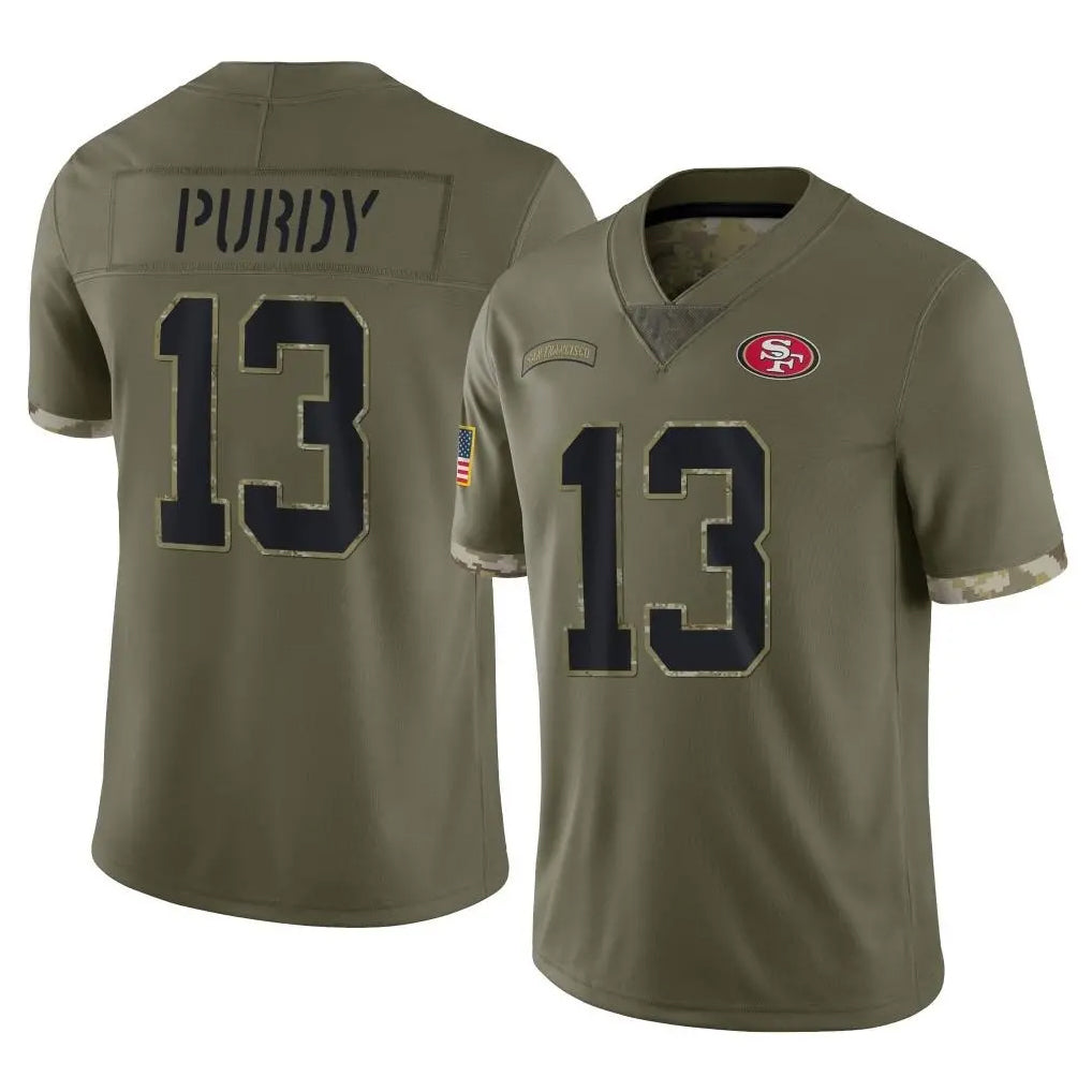 SF.49ers #13 Brock Purdy Player Olive Limited Salute To Service Home Game Gdoa Stitched Jerseys