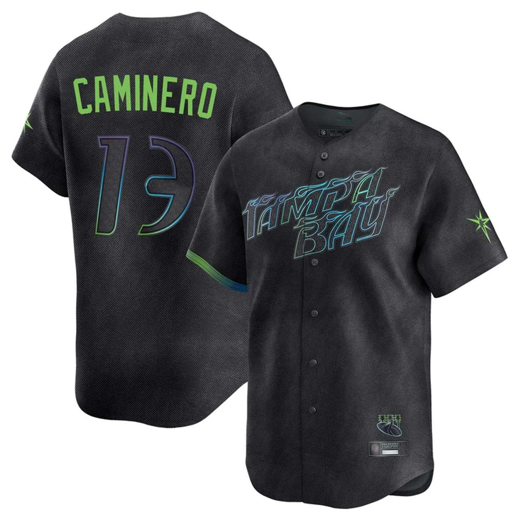 T.Bay Rays #13 Junior Caminero Player Black City Connect Home Limited Fdoa Stitched Jerseys