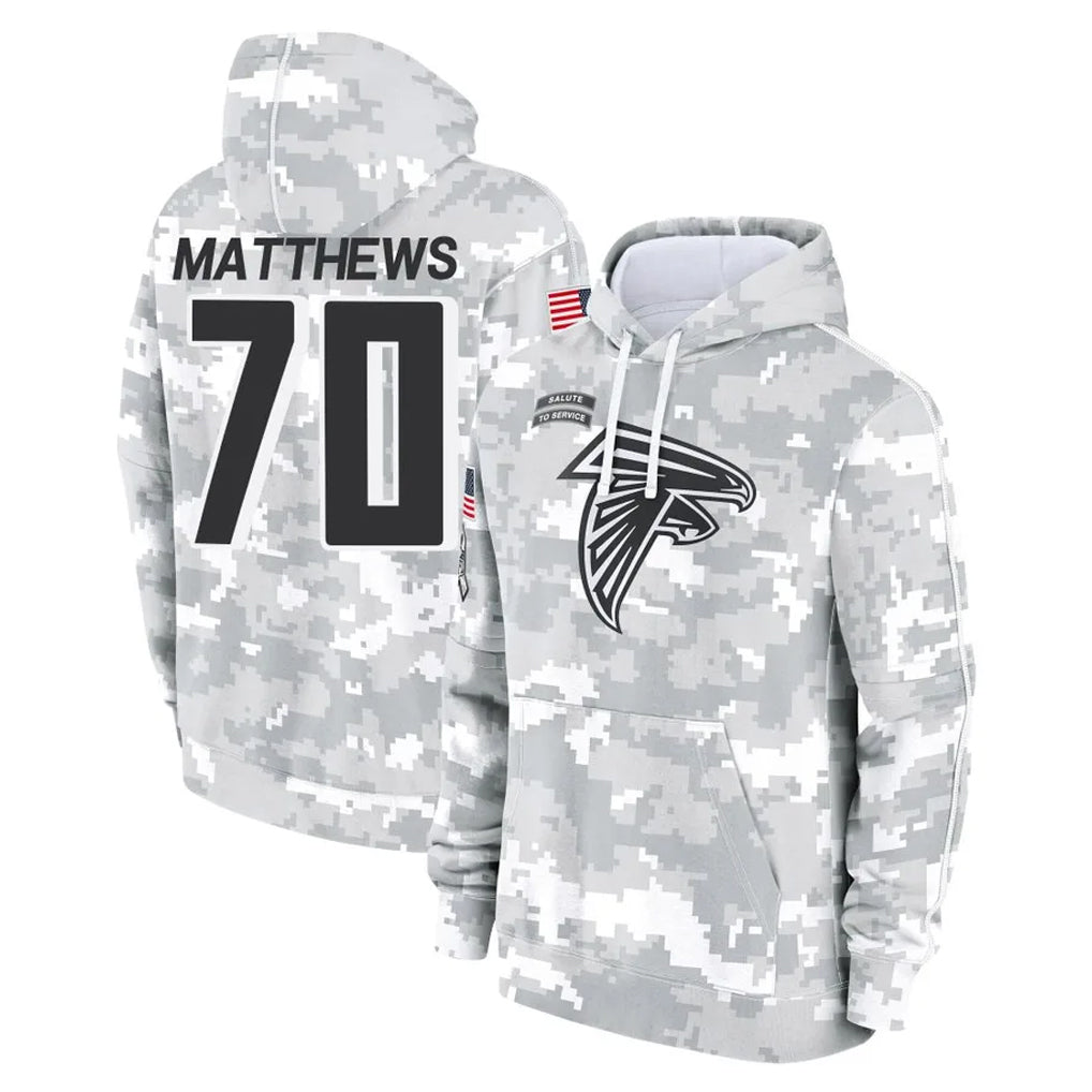 A.Falcons #70 Jake Matthews Player Arctic Camo Salute to Service Limited Hoodie Gdoa Stitched Jerseys