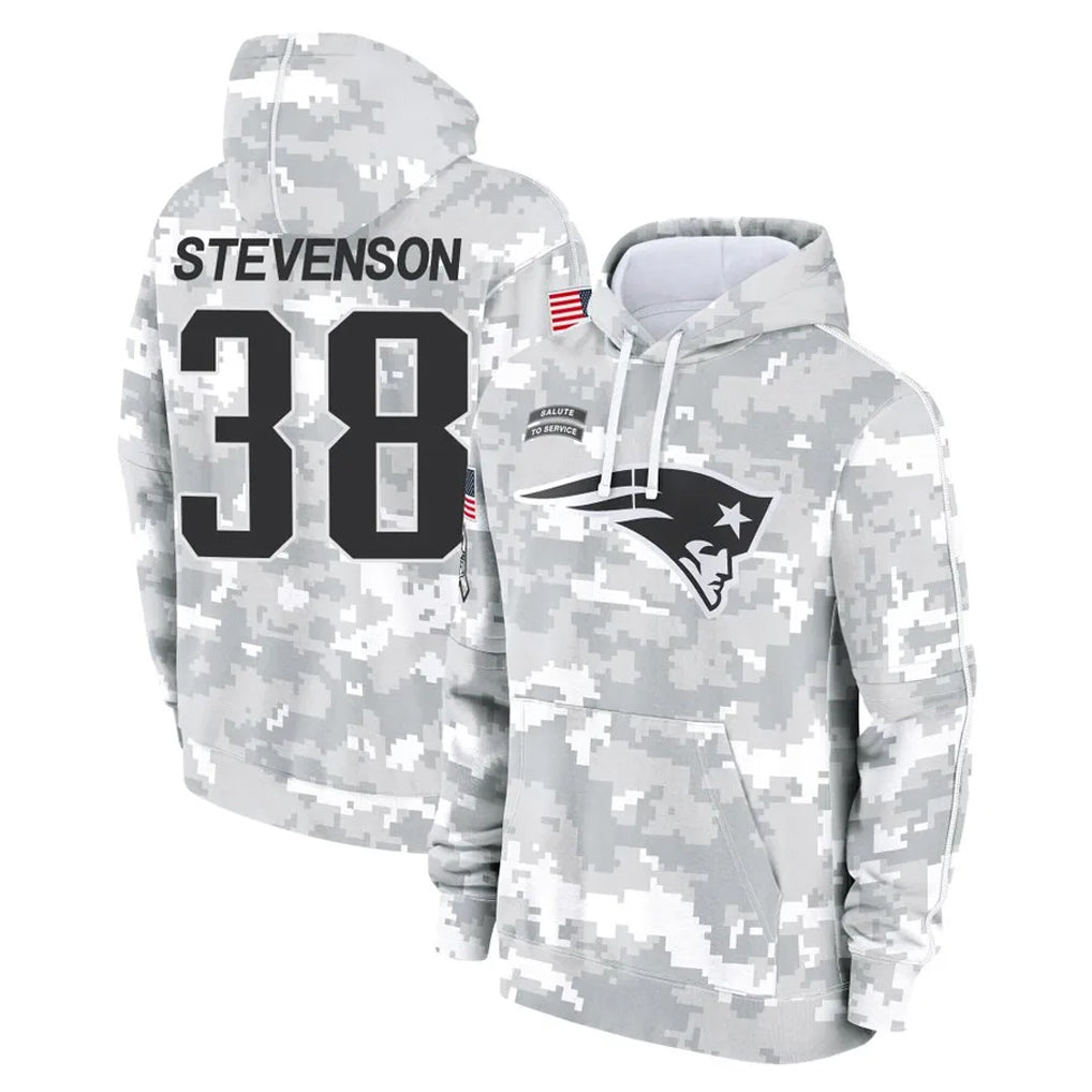NE.Patriots #38 Rhamondre Stevenson Player Arctic Camo Salute to Service Pullover Hoodies Limited Game Gdoa Stitched Jerseys