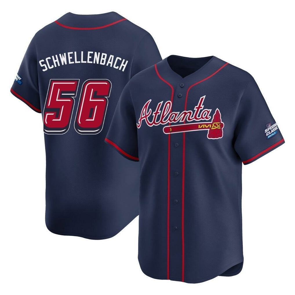 A.Braves #56 Spencer Schwellenbach Player Navy 2025 Speedway Classic Home Game Gdoa Stitched Jerseys