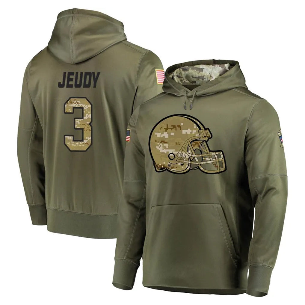 C.Browns #3 Jerry Jeudy Player Olive Salute to Service Pullover Hoodies Home Game Gdoa Stitched Jerseys