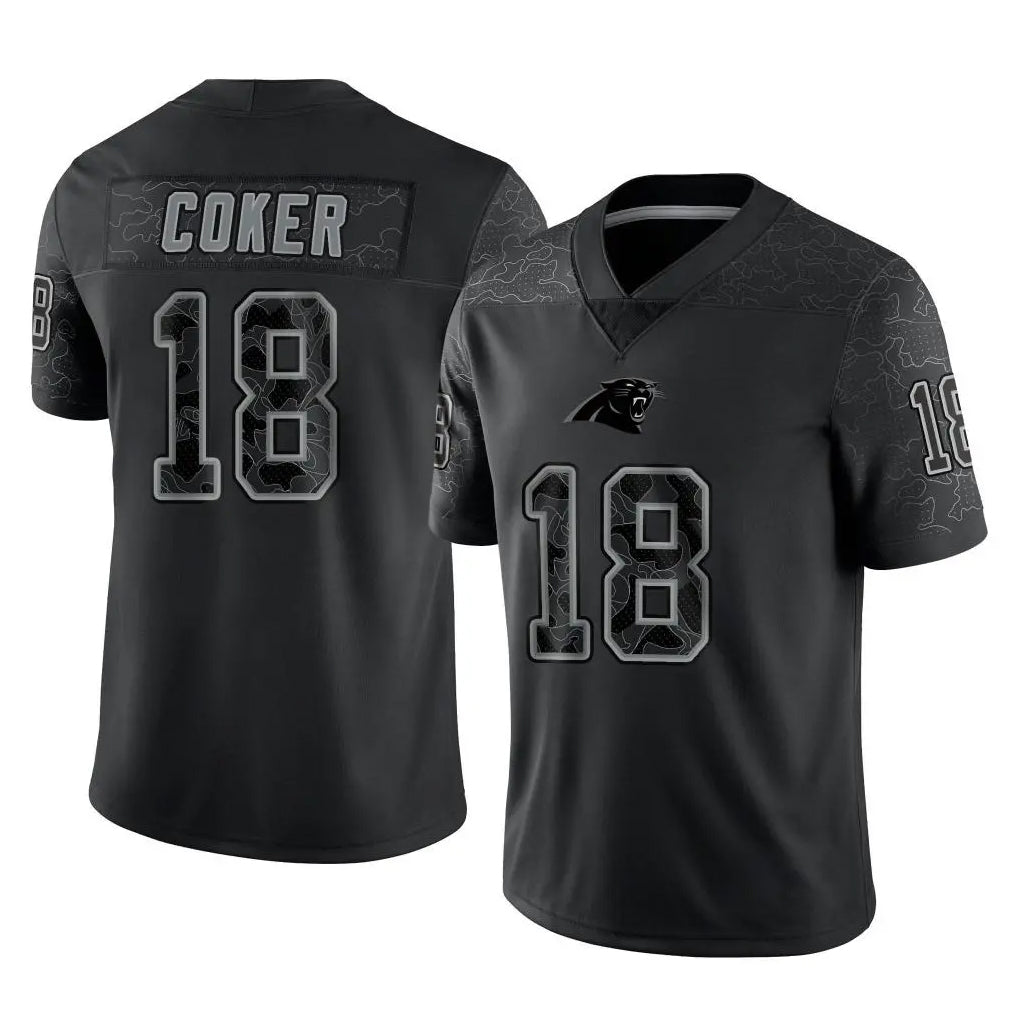 C.Panthers #18 Jalen Coker Player Black Limited Reflective Game Gdoa Stitched Jerseys