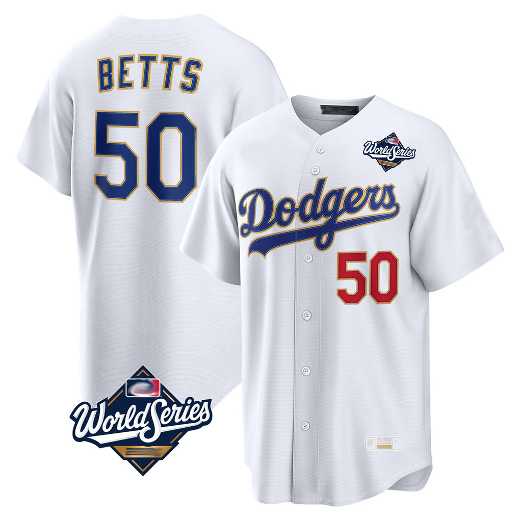 LA.Dodgers #50 Mookie Betts Player Gold White World Series Collection Limited Home Fdoa Stitched Jerseys