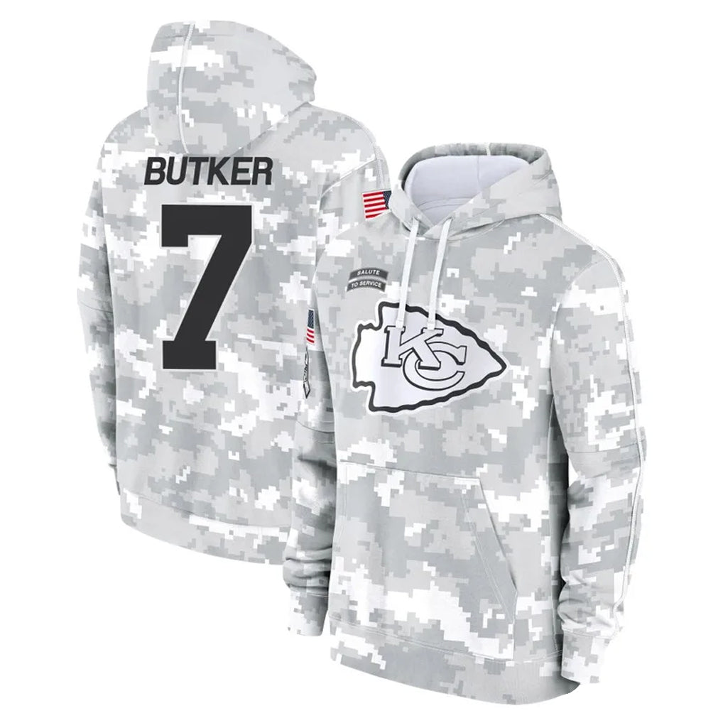 KC.Chiefs #7 Harrison Butker Player Arctic Camo Salute to Service Hoodies Limited Game Gdoa Stitched Jerseys