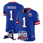 NY.Giants #1 Malik Nabers Player Royal 100th Season & State Patch Vapor Limited Home Game Gdoa Stitched Jerseys
