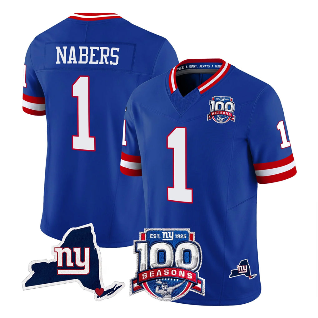 NY.Giants #1 Malik Nabers Player Royal 100th Season & State Patch Vapor Limited Home Game Gdoa Stitched Jerseys