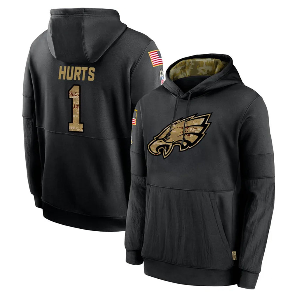 P.Eagles #1 Jalen Hurts Player Black Salute to Service Hoodies Limited Game Gdoa Stitched Jerseys