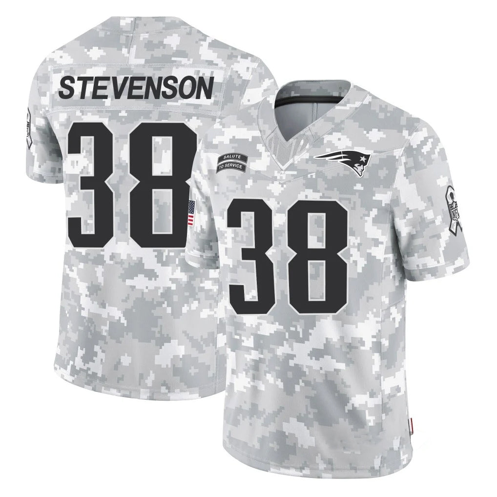NE.Patriots #38 Rhamondre Stevenson Player Arctic Camo Salute To Service Limited Game Gdoa Stitched Jerseys