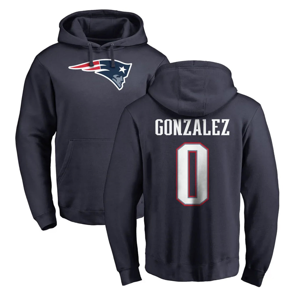 NE.Patriots #0 Christian Gonzalez Player Navy LOGO Pullover Hoodies Home Game Gdoa Stitched Jerseys