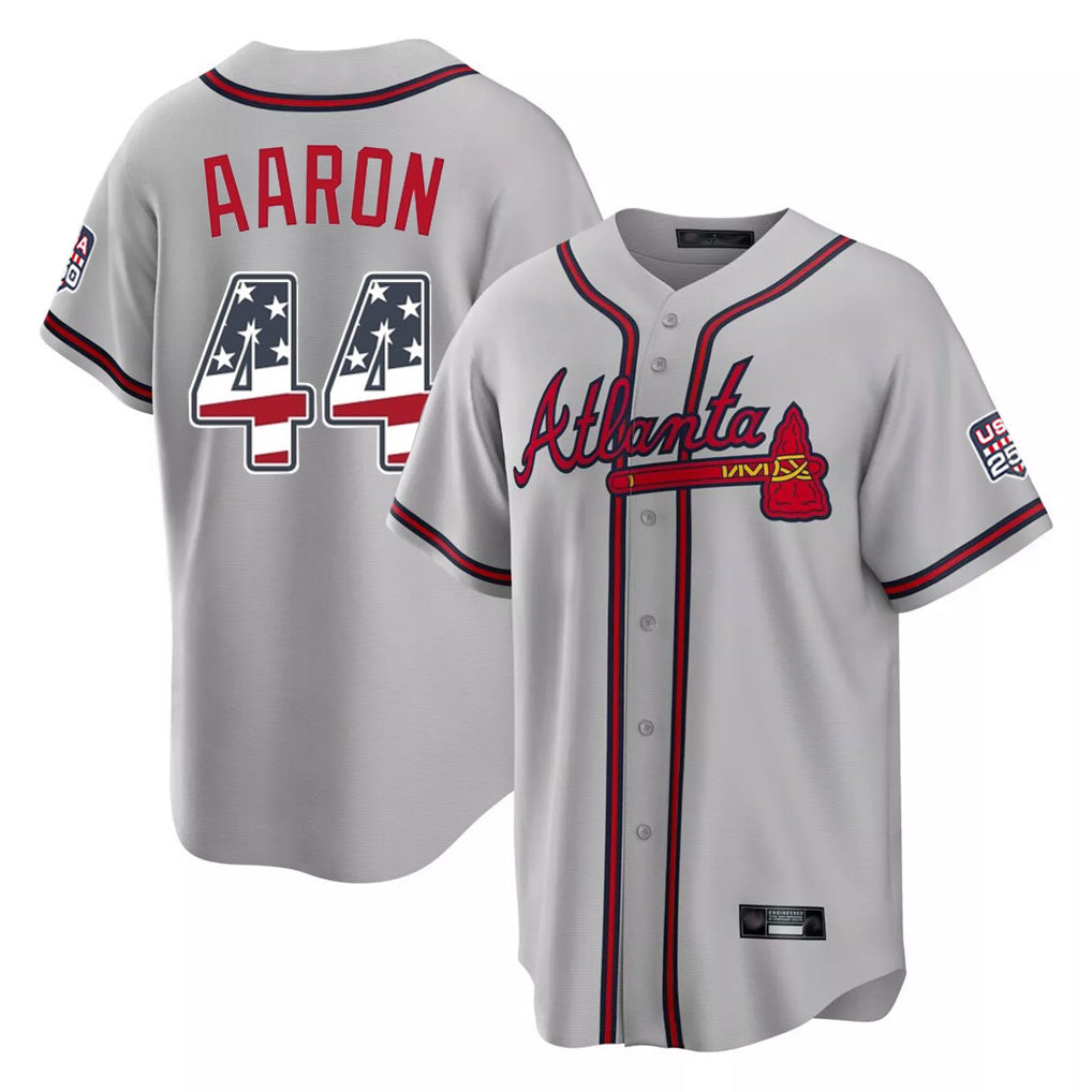 A.Braves #44 Hank Aaron Player Gray USA 250 Fourth Of July Limited Home Game Gdoa250Ys Stitched Jerseys