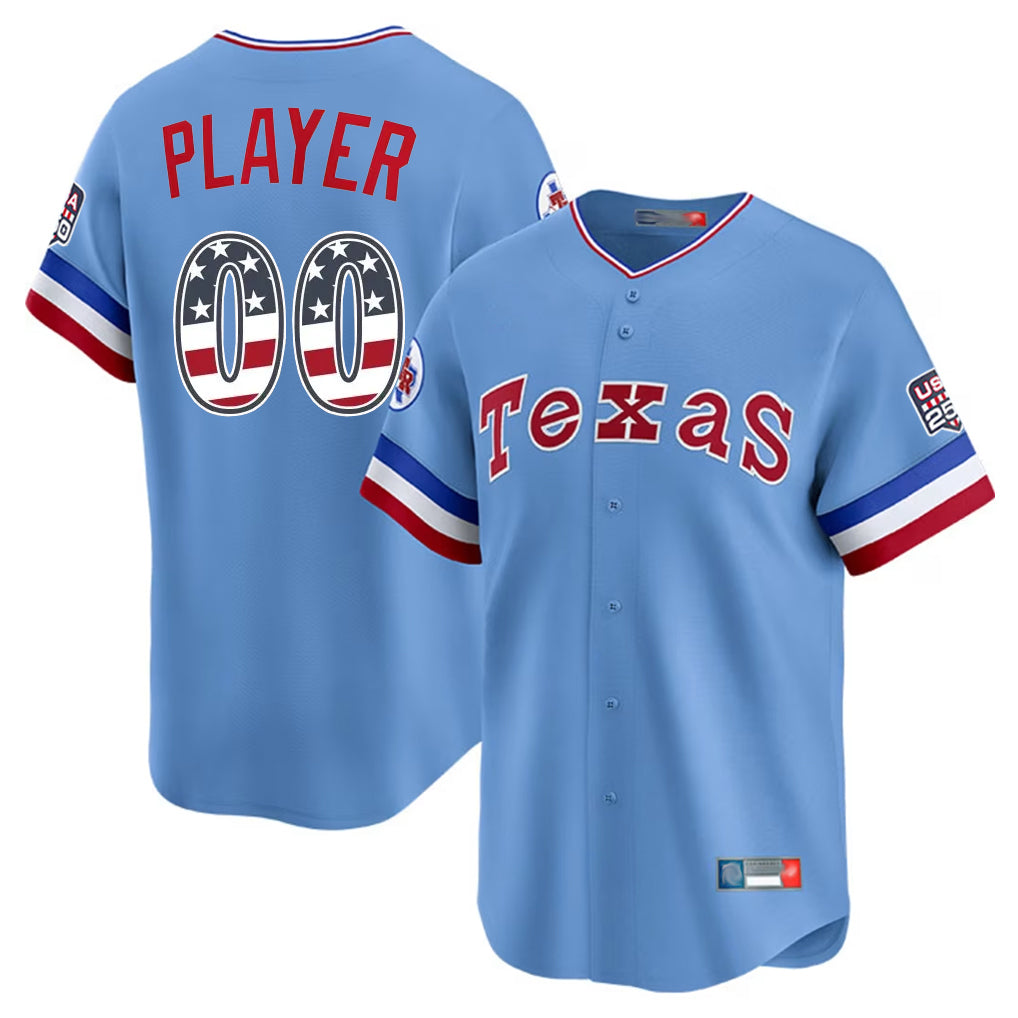 Custom T.Rangers Light Blue Cooperstown Collection USA 250 Fourth of July Limited Home Game Any Name & Number Gdoa Stitched Jerseys