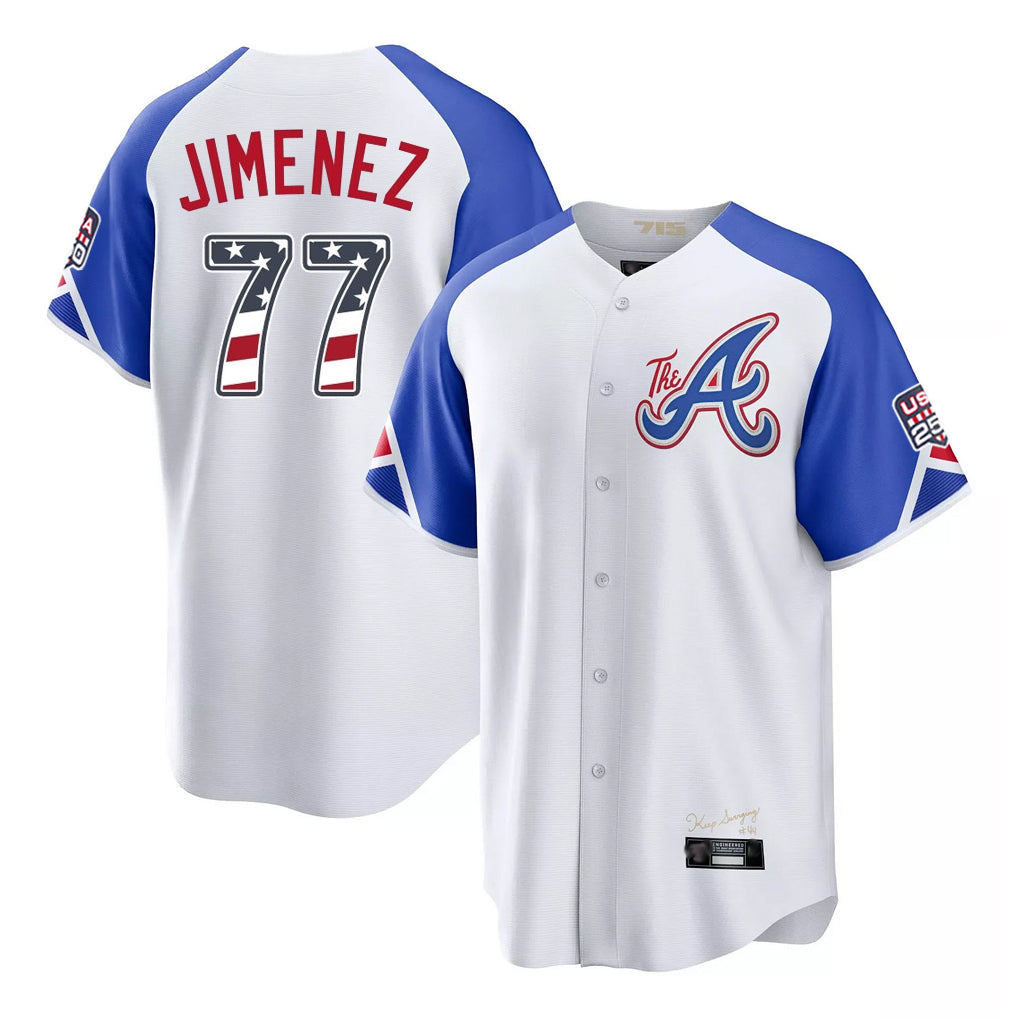 A.Braves #77 Joe Jimenez Player White USA 250 Fourth Of July City Connect Home Game Gdoa250Ys Stitched Jerseys