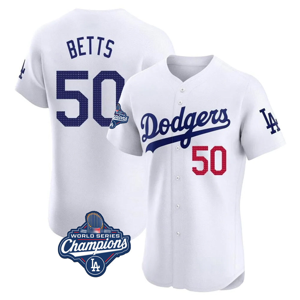 LA.Dodgers #50 Mookie Betts Player White World Series Meet Limited Elite Home Fdoa Stitched Jerseys