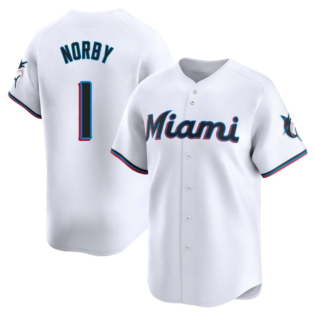 M.Marlins #1 Connor Norby Player White  Home Limited Fdoa Stitched Jerseys