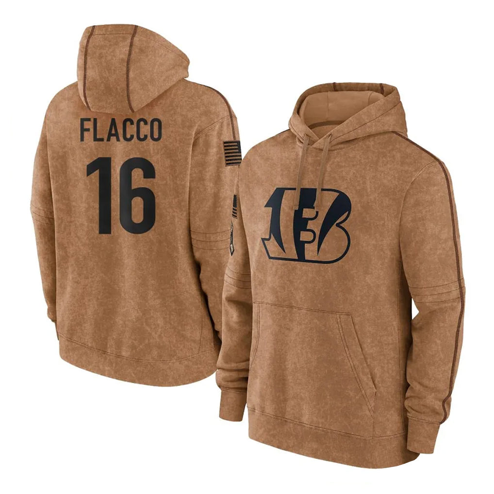C.Bengals #16 Joe Flacco Player Brown Salute to Service Pullover Hoodie Limited Gdoa Stitched Jerseys