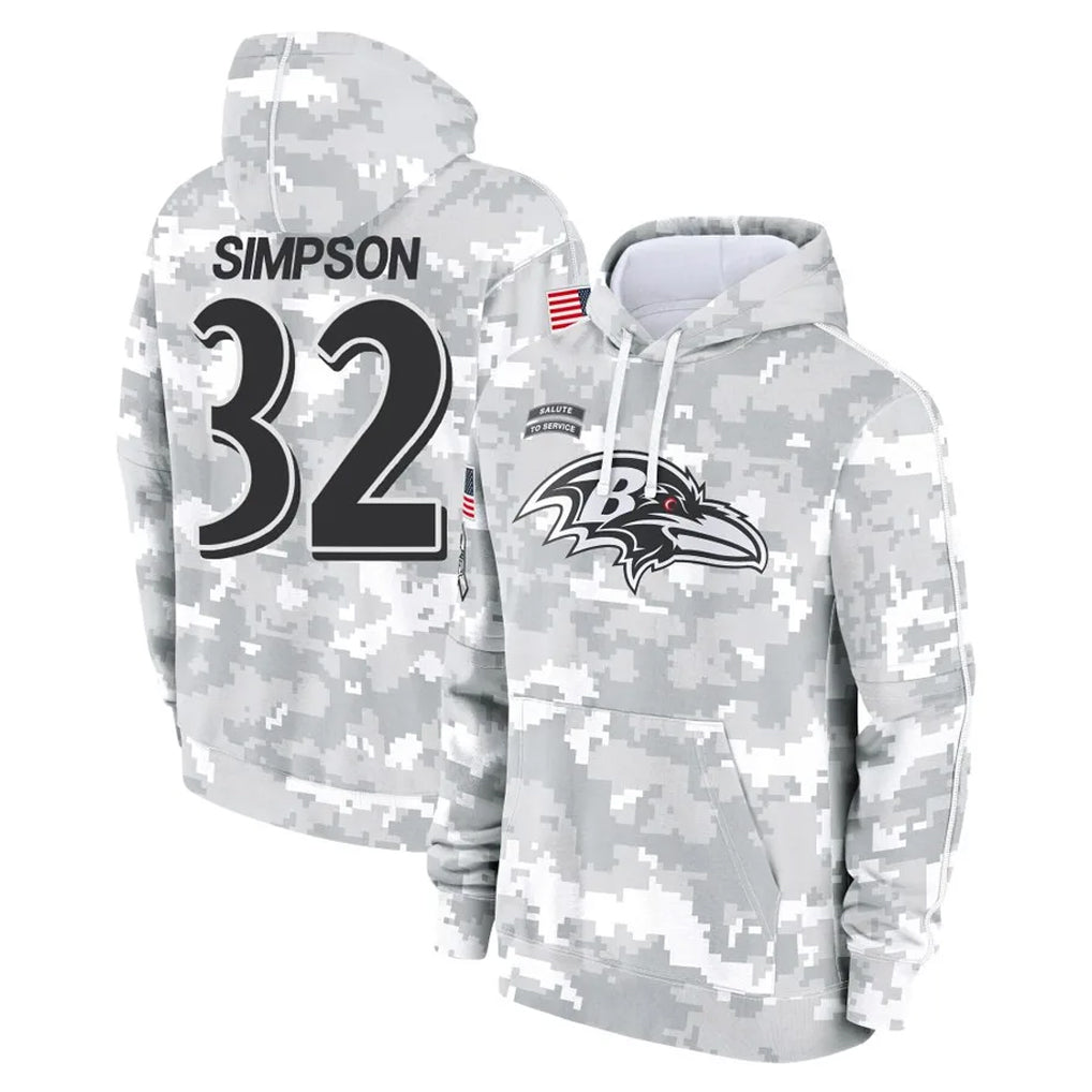 B.Ravens #32 Trenton Simpson Player Arctic Camo Salute to Service Pullover Hoodie Gdoa Stitched Jerseys