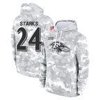 B.Ravens #24 Malaki Starks Player Arctic Camo Salute to Service Pullover Hoodie Gdoa Stitched Jerseys