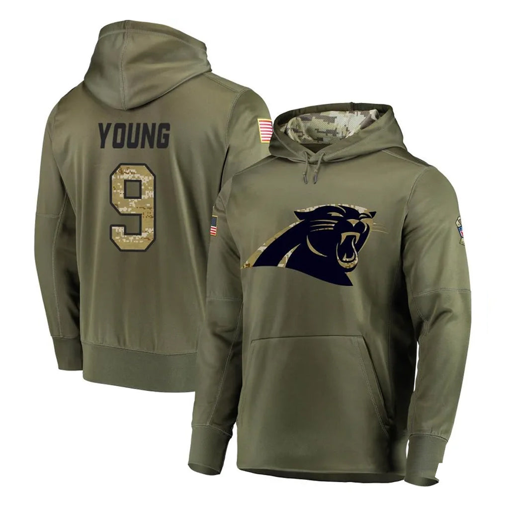 C.Panthers #9 Bryce Young Player Olive Salute to Service Hoodies Gdoa Stitched Jerseys