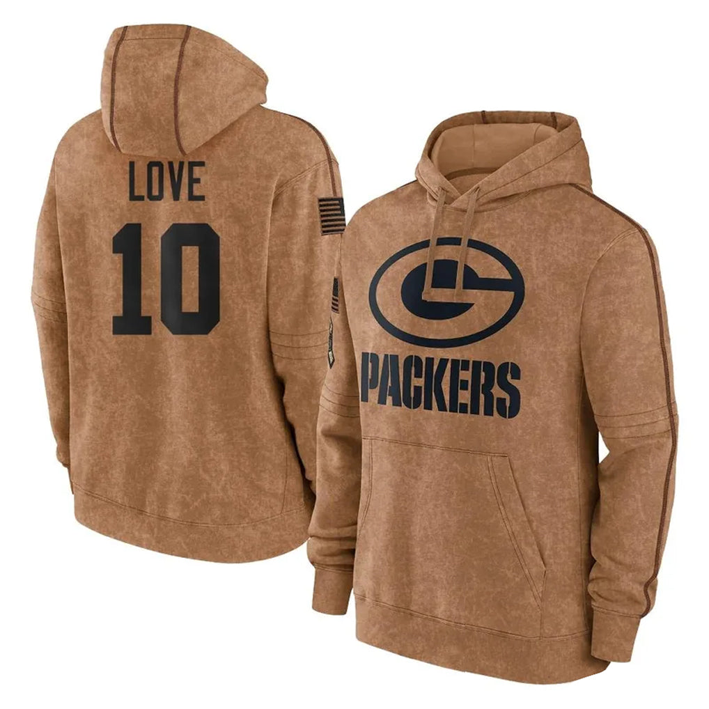 GB.Packers #10 Jordan Love Player Brown Salute to Service Hoodies Limited Game Gdoa Stitched Jerseys