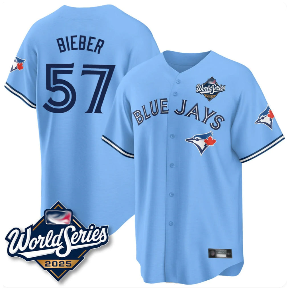 T.Blue Jays #57 Shane Bieber Player Blue 2025 World Series All Fdoa Stitched Jerseys