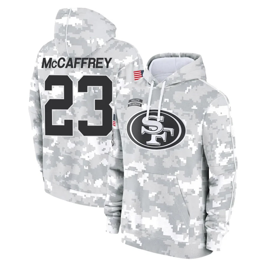 SF.49ers #23 Christian McCaffrey Player Arctic Camo Limited Salute to Service Pullover Hoodies Game Gdoa Stitched Jerseys