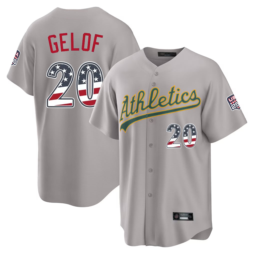 Athletics #20 Zack Gelof Player Gray USA 250 Fourth of July Home Game Gdoa250Ys Stitched Jerseys