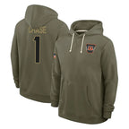 C.Bengals #1 Ja'Marr Chase Player Olive Salute to Service Pullover Hoodies Limited Gdoa Stitched Jerseys