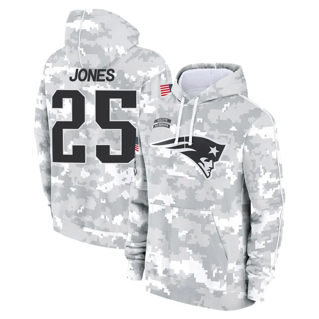 NE.Patriots #25 Marcus Jones Player Arctic Camo Salute to Service Pullover Hoodies Limited Game Gdoa Stitched Jerseys