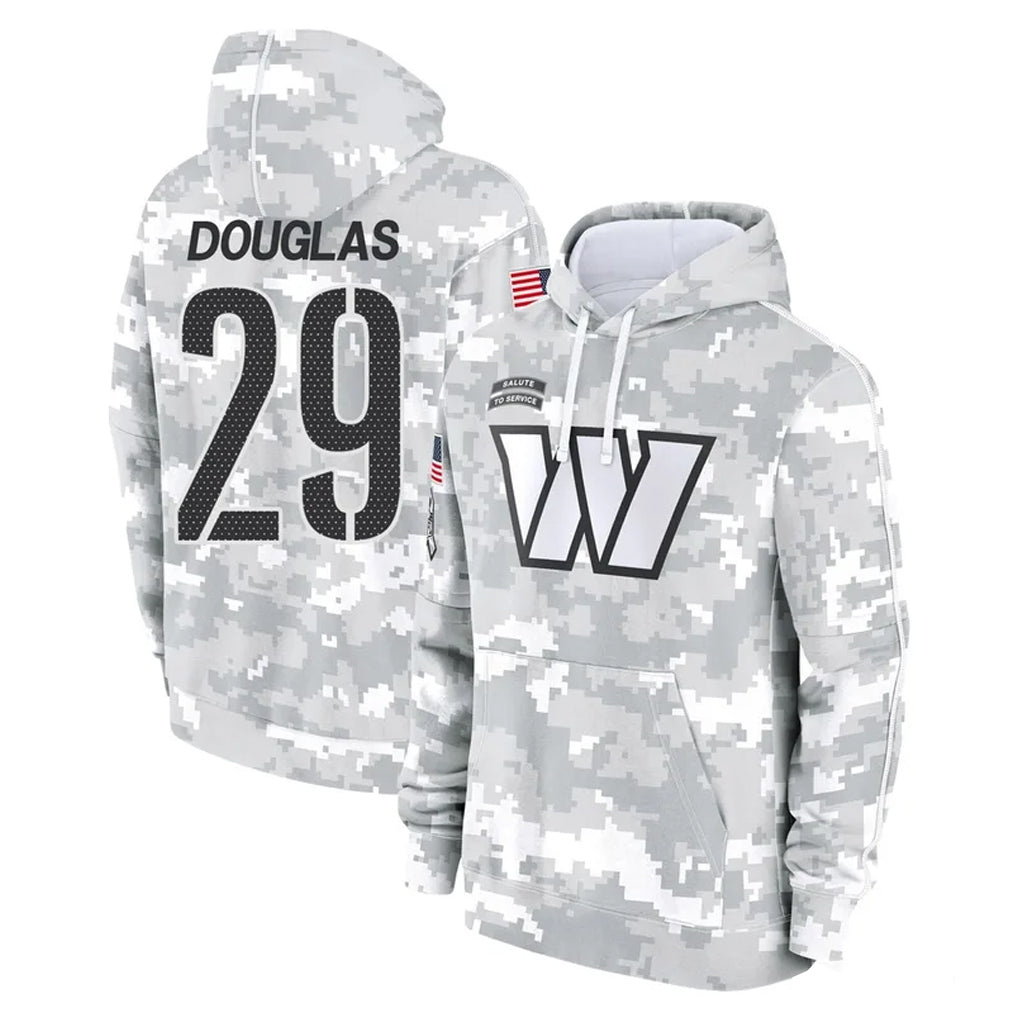 W.Commanders #29 Rasul Douglas Player Arctic Camo Limited Salute to Service Pullover Hoodies Game Gdoa Stitched Jerseys