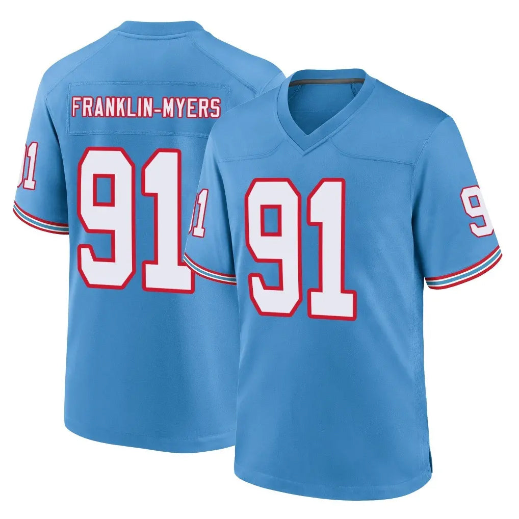 T.Titans #91 John Franklin-MyersPlayer Light Blue Oilers Throwback Home Game Gdoa Stitched Jerseys
