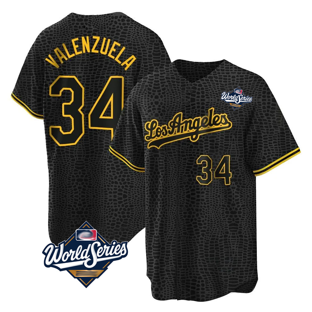 LA.Dodgers #34 Fernando Valenzuela Player Black World Series Snake Skin City Game Home Fdoa Stitched Jerseys