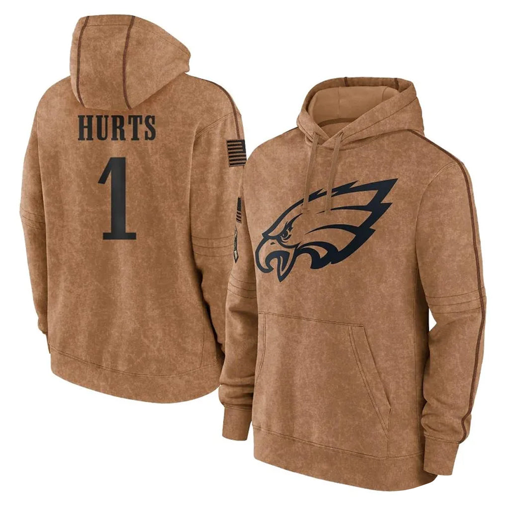 P.Eagles #1 Jalen Hurts Player Brown Salute to Service Pullover Hoodies Limited Game Gdoa Stitched Jerseys