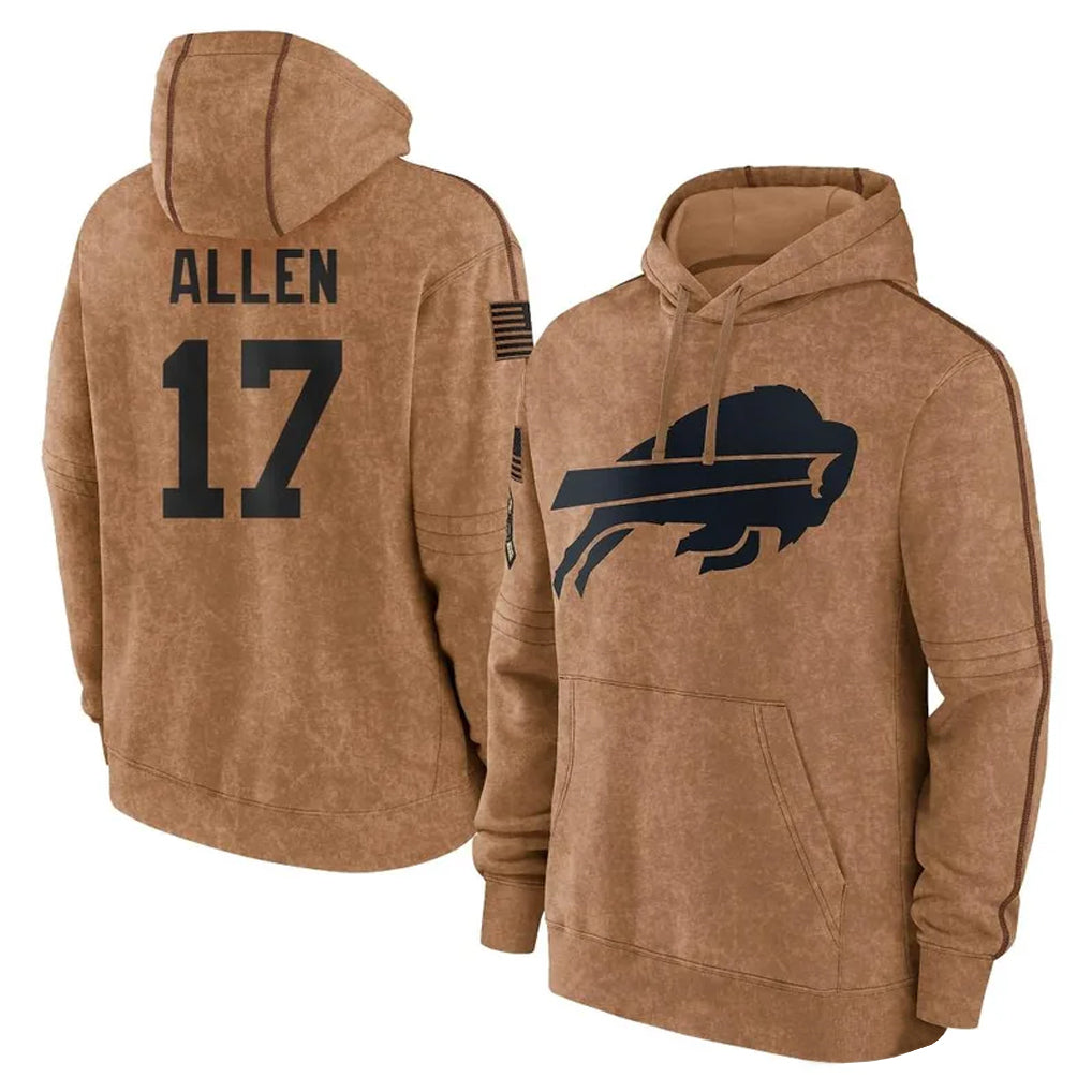 B.Bills #17 Josh Allen Player Brown Salute to Service Hoodies Gdoa Stitched Jerseys