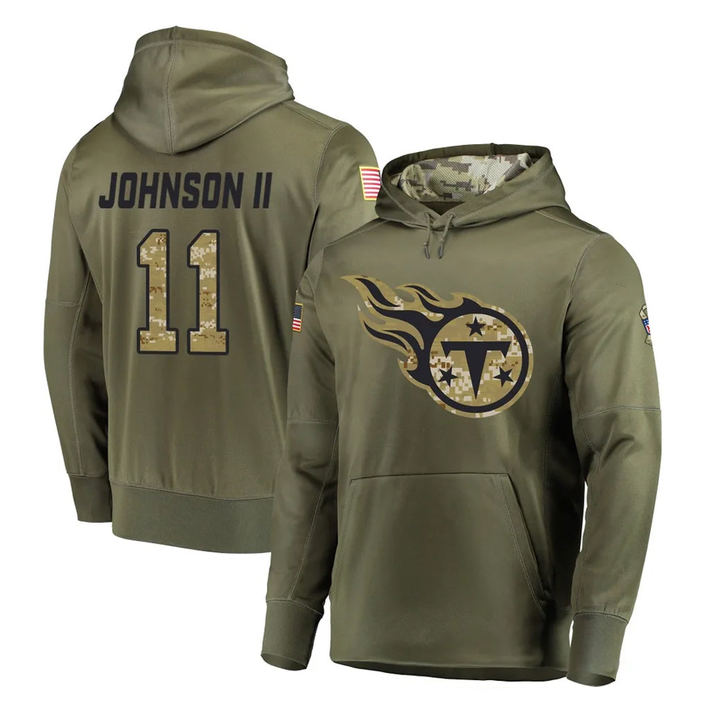 T.Titans #11 Jermaine Johnson II Player Olive Salute to Service Pullover Hoodies Home Game Gdoa Stitched Jerseys