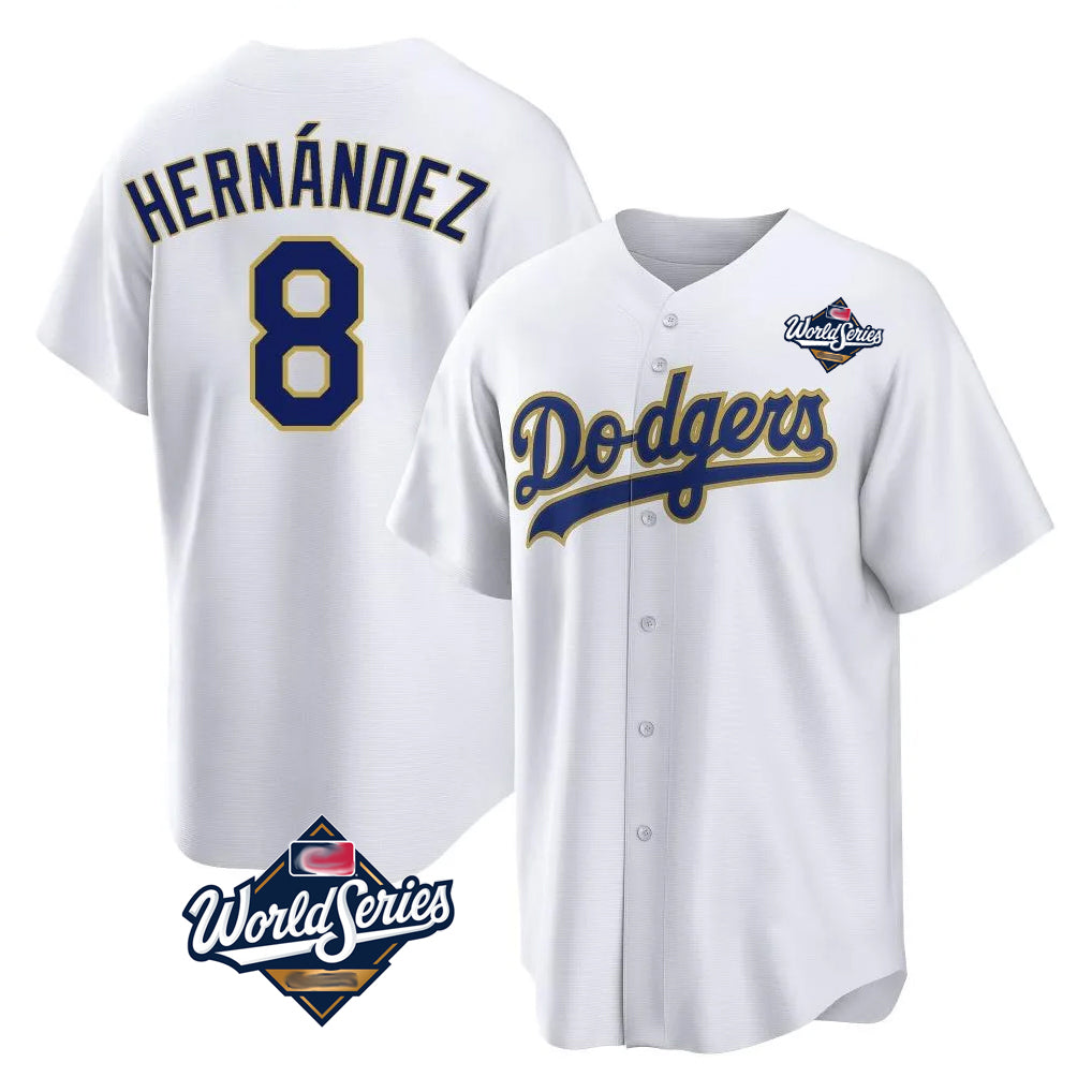 LA.Dodgers #8 Enrique Hern¨¢ndez Player Gold White World Series 2026 Collection Stadium Game Fdoa Stitched Jerseys