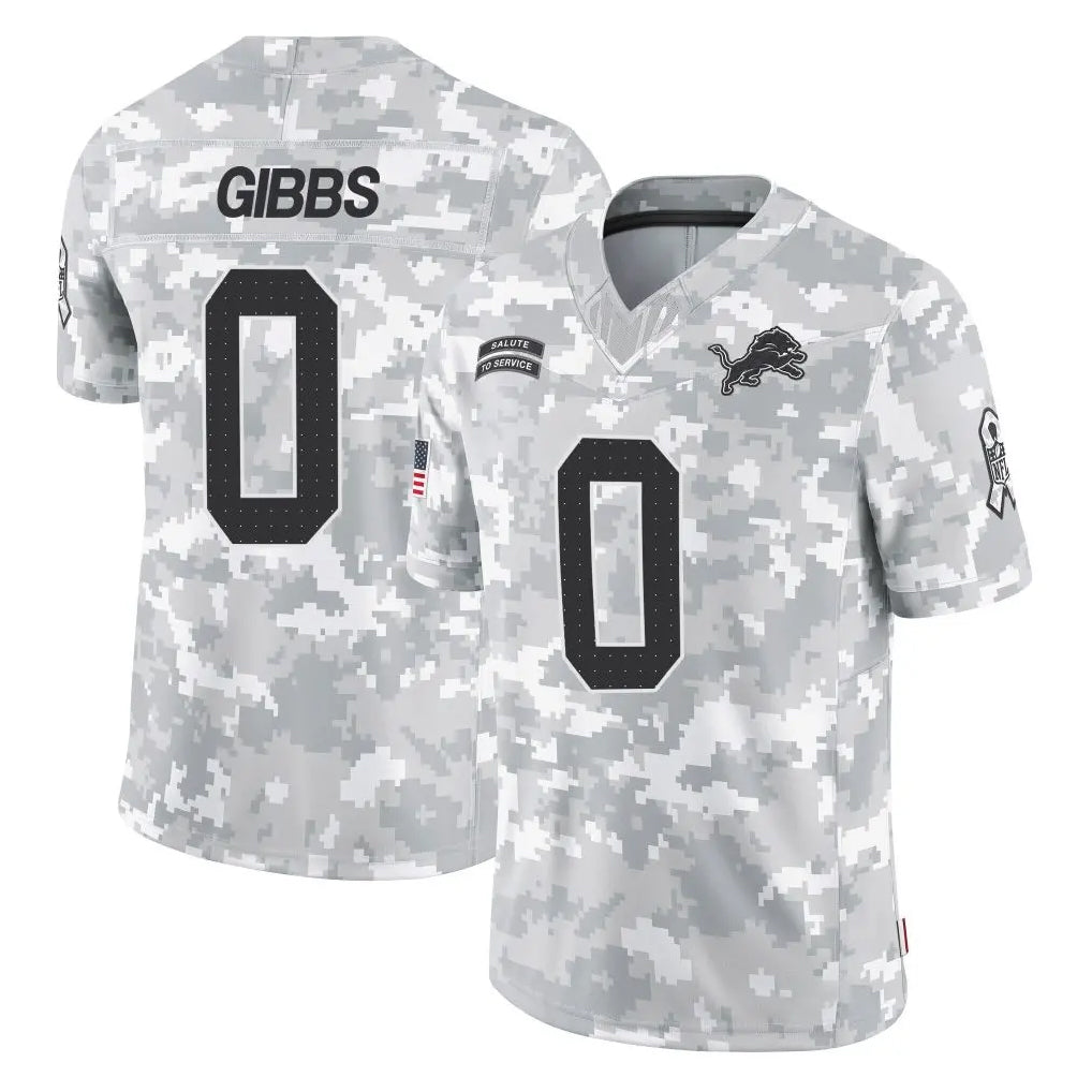 D.Lions #0 Jahmyr Gibbs Player Arctic Camo Salute To Service Limited Gdoa Stitched Jerseys