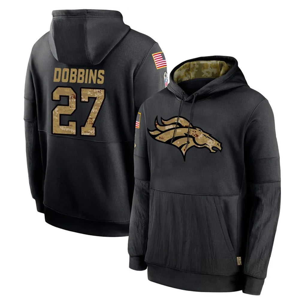 D.Broncos #27 J.K. Dobbins Player Black Salute to Service Pullover Hoodies Limited Gdoa Stitched Jerseys