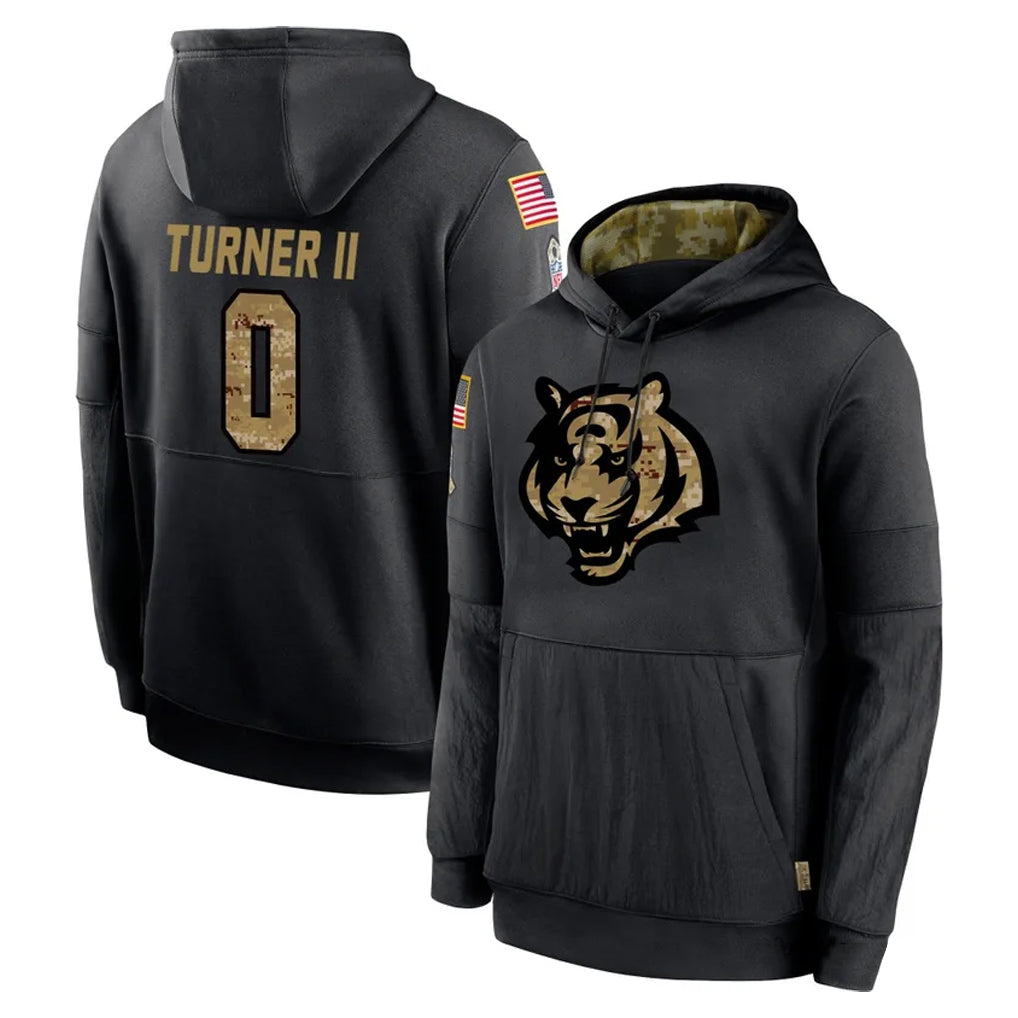 C.Bengals #0 DJ Turner II Player Black Salute to Service Pullover Hoodies Limited Gdoa Stitched Jerseys