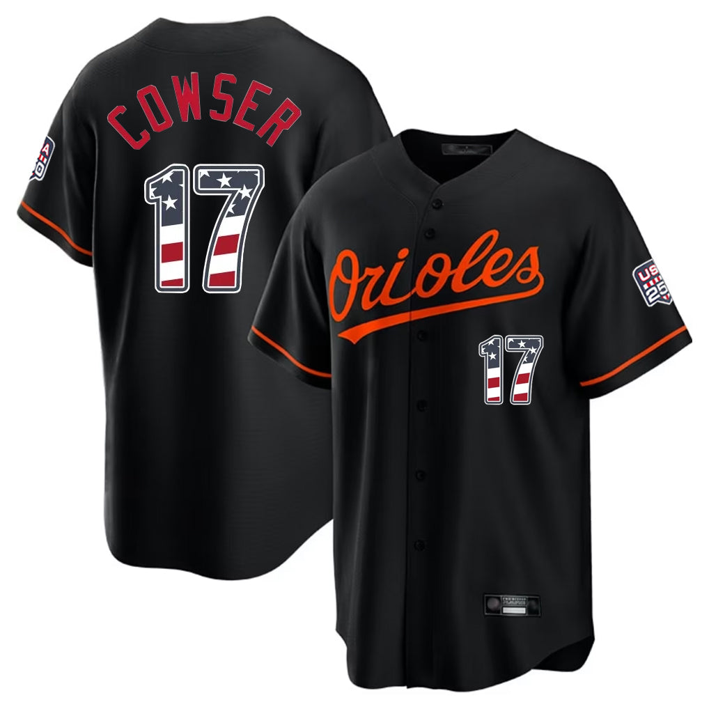 B.Orioles #17 Colton Cowser Player Black USA 250 Fourth of July Home Game Gdoa Stitched Jerseys