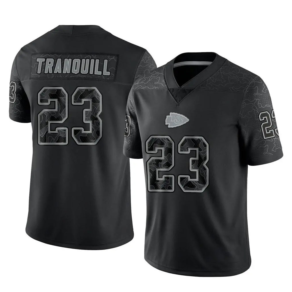 KC.Chiefs #23 Drue Tranquill Player Black Limited Reflective Game Gdoa Stitched Jerseys