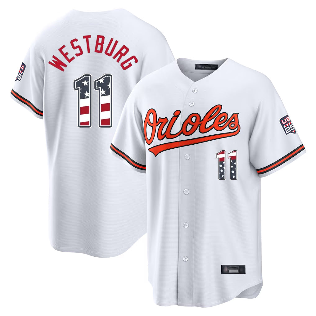 B.Orioles #11 Jordan Westburg Player White USA 250 Fourth of July Home Game Gdoa Stitched Jerseys
