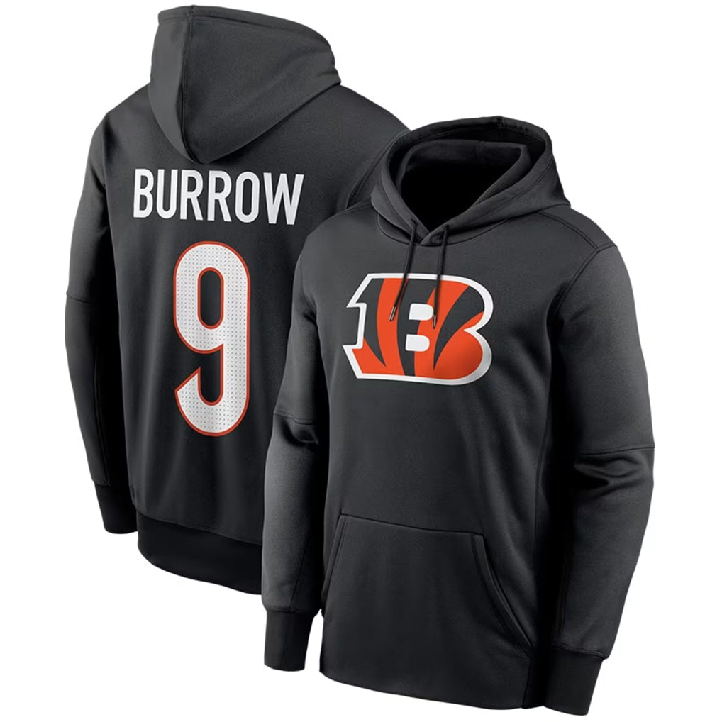 C.Bengals #9 Joe Burrow Player Black Salute to Service Pullover Hoodies Game Gdoa Stitched Jerseys