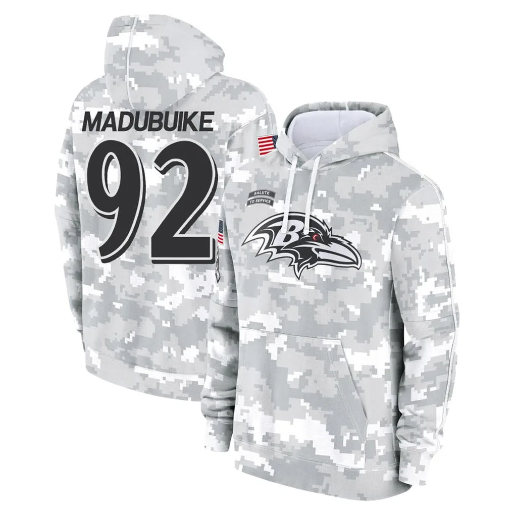 B.Ravens #92 Nnamdi Madubuike Player Arctic Camo Salute to Service Pullover Hoodie Gdoa Stitched Jerseys